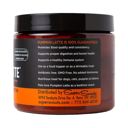 Side of the Super Snouts Pumpkin Latte jar listing digestive support information and use as a food topper or drinkable treat for dogs and cats.