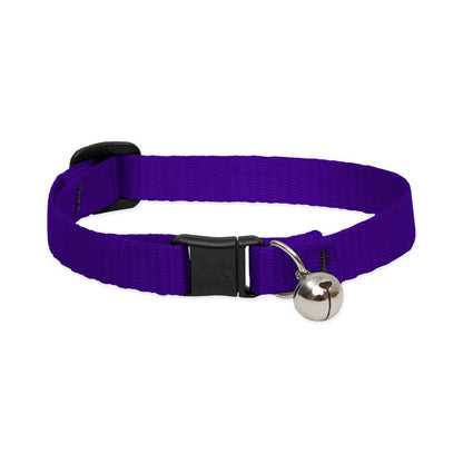 Purple Lupine Pet breakaway cat collar with a black safety buckle and silver bell.