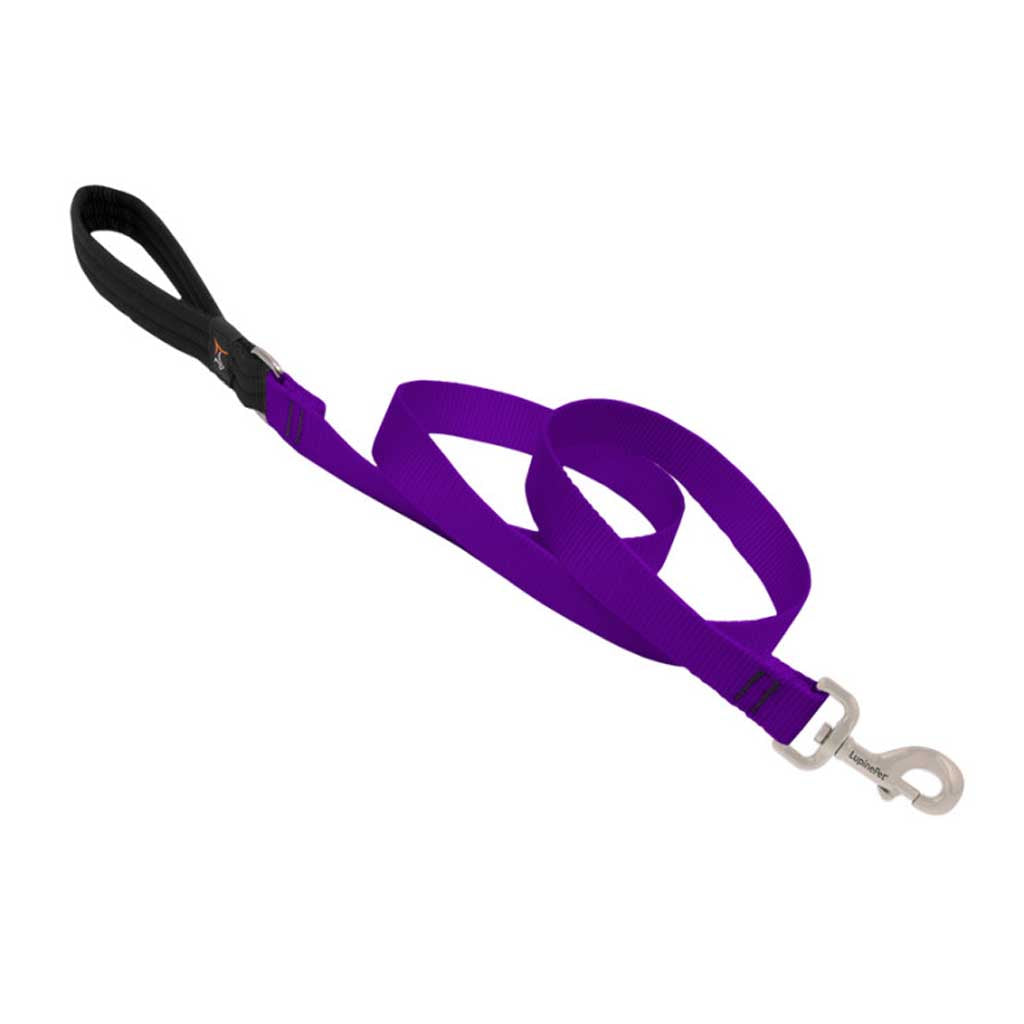 Purple Lupine Pet nylon leash with a black padded loop handle and silver swivel snap.