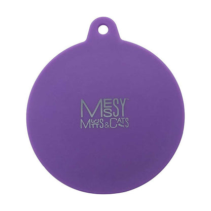 Purple Messy Mutts and Cats silicone pet food can cover with a pull tab and hanging hole.