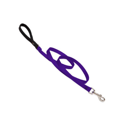 Purple Lupine Pet leash with a black padded handle and small silver snap, arranged in loops on a white background.