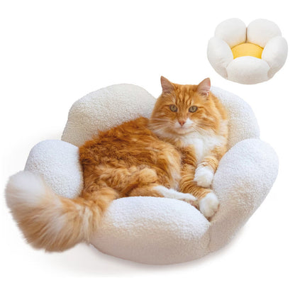 Orange cat resting in a white Catstages Purrfect Petals flower-shaped cat bed, with an inset view of the bed.
