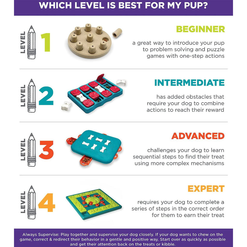 Nina Ottosson puzzle difficulty chart comparing four levels, with Dog Brick shown as a Level 2 intermediate game.