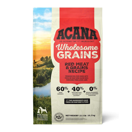 Front of ACANA Wholesome Grains Red Meat Recipe dry dog food bag with a red label.