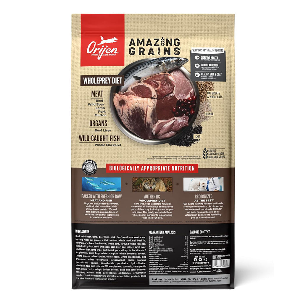 Orijen Amazing Grains Regional Red back of bag. 