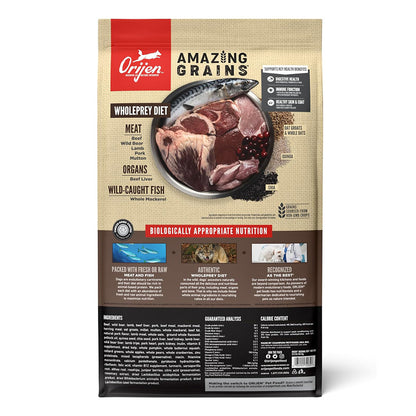 Orijen Amazing Grains Regional Red back of bag. 