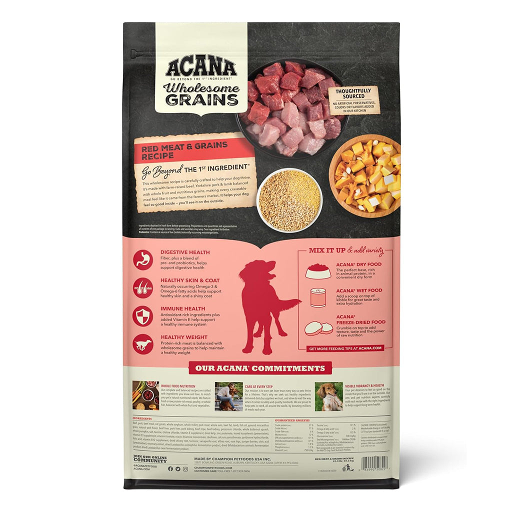 Back of ACANA Wholesome Grains Red Meat Recipe dog food bag, showing ingredients, nutrition information, and feeding guidance.