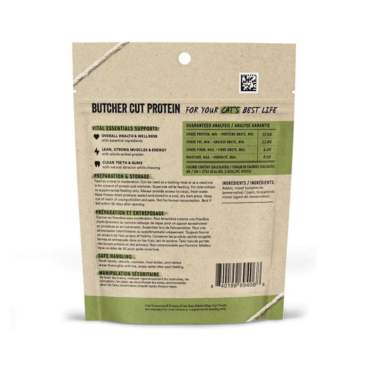 Freeze-dried Rabbit Bites Treats for Cats 0.9oz back of bag. 