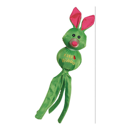 Green rabbit KONG Wubba Ballistic Friend dog toy with pink ears and long green fabric tails.