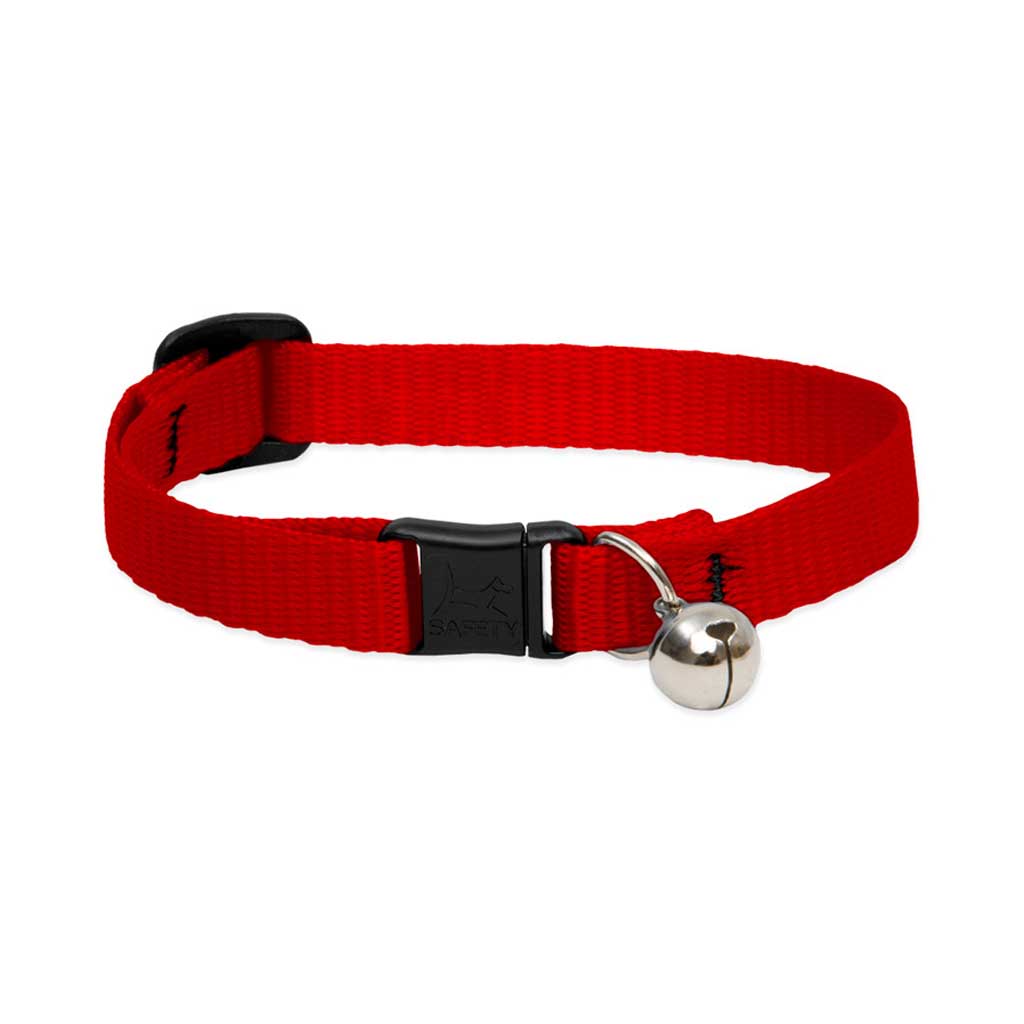 Red Lupine Pet breakaway cat collar with a black safety buckle and silver bell.