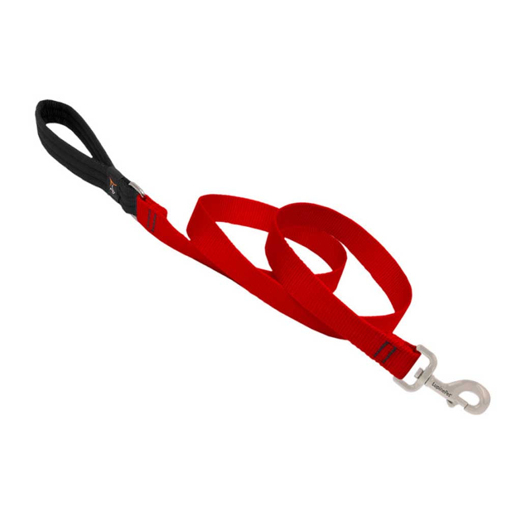 Red Lupine Pet nylon leash with a black padded loop handle and silver swivel snap.