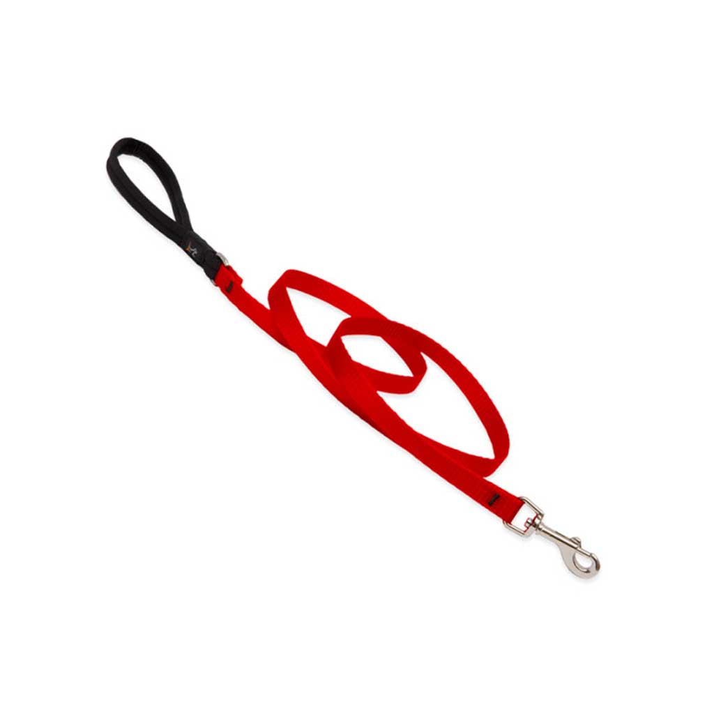 Red Lupine Pet leash with a black padded handle and small silver snap, arranged in loops on a white background.