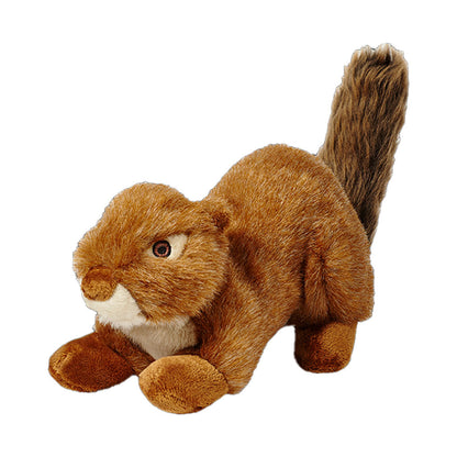 Fluff & Tuff Red Squirrel Squeakerless plush dog toy with reddish-brown fur, a white chest and upright bushy tail.