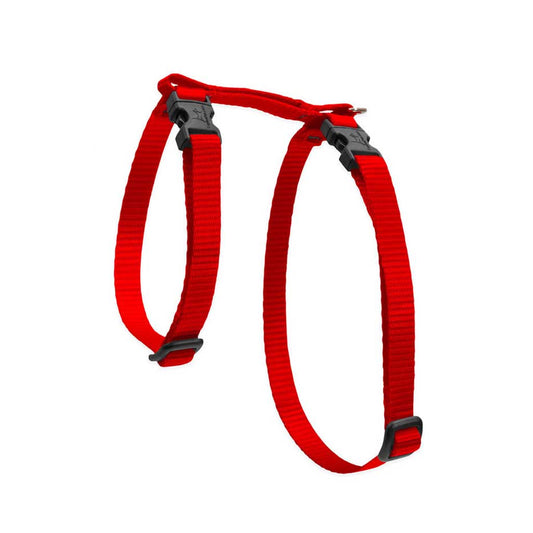 Red Lupine Pet H-style cat harness with adjustable nylon straps, black buckles, and a metal leash attachment ring.