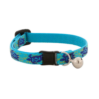 Lupine Pet Turtle Reef breakaway cat collar with purple turtles on turquoise nylon and a silver bell.