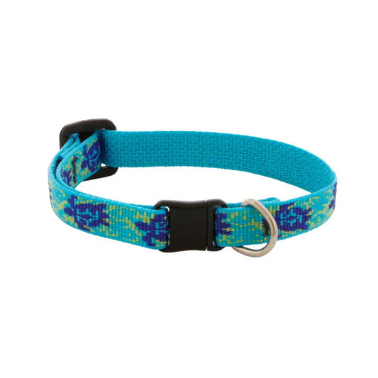 Lupine Pet Turtle Reef breakaway cat collar with purple turtles on turquoise nylon, a black buckle, and metal identification ring.