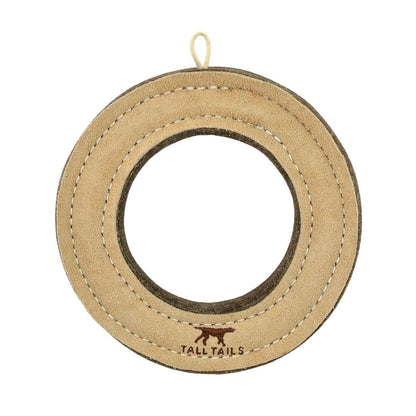 Tall Tails Natural Leather & Wool Ring dog toy, tan stitched circular ring with logo and small hanging loop