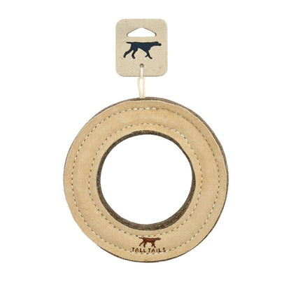 Tan Tall Tails Natural Leather & Wool Ring dog toy attached to a cardboard hang tag with a dog silhouette