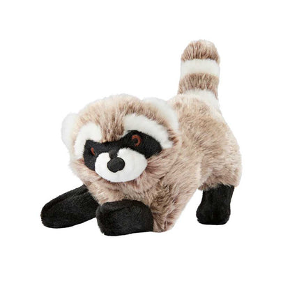 Fluff & Tuff Rocket Raccoon plush dog toy with tan fur, black paws and eye mask, and an upright striped tail.