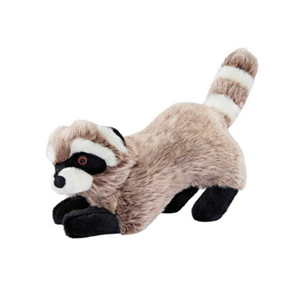 Angled side view of Fluff & Tuff Rocket Raccoon plush dog toy crouching with a raised tan and white striped tail.