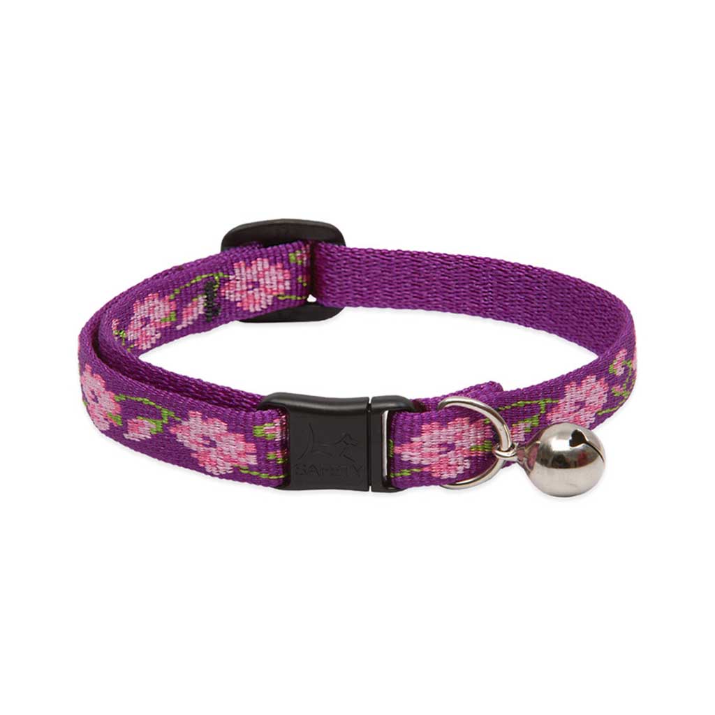 Lupine Pet Rose Garden breakaway cat collar with pink flowers on purple nylon and a silver bell.