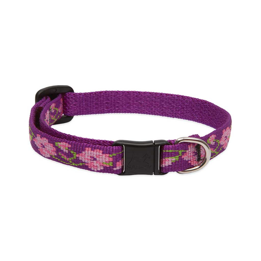 Lupine Pet Rose Garden breakaway cat collar with pink flowers on purple nylon, black buckle, and metal identification ring.