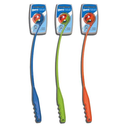 Three packaged Chuckit! Classic Ball Launchers in blue, green, and orange, each holding an included tennis ball.
