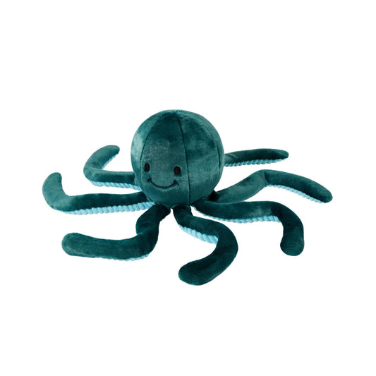 Fluff & Tuff Stevie Octopus plush dog toy with its teal tentacles spread out on a white background.