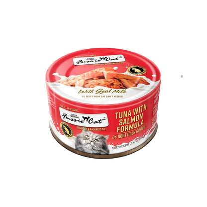 Fussie Cat tuna with salmon formula in goat milk single 2.47oz can