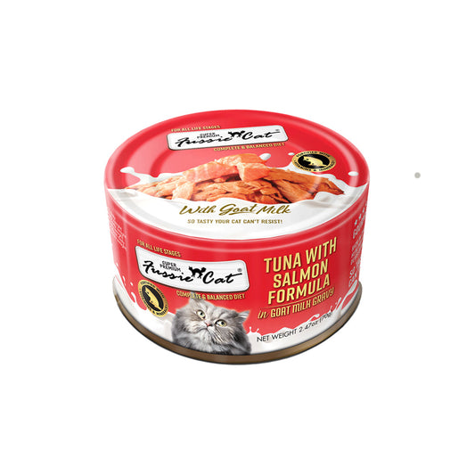 Fussie Cat tuna with salmon formula in goat milk single 2.47oz can