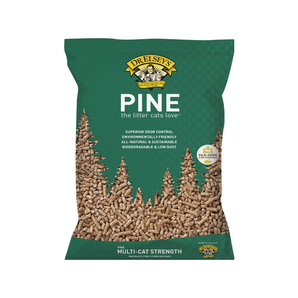 Dr. Elsey’s Pine multi-cat strength litter in a green bag with pine pellet imagery and kiln-dried pine labeling.