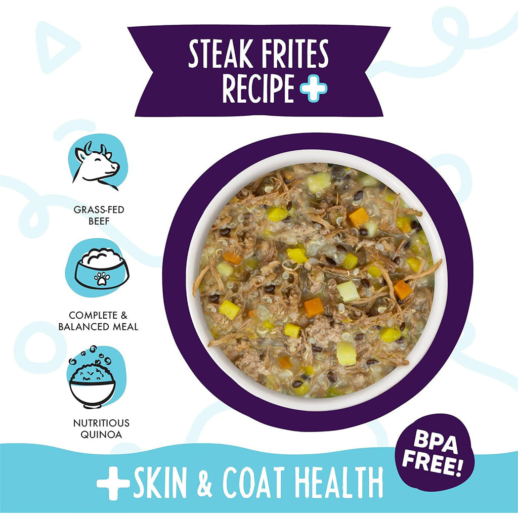 Meals 'n More Skin & Coat Steak Frites 3.5oz in a bowl.
