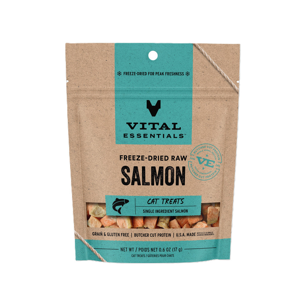 Vital Essentials freeze-dried salmon cat treats, 0.6 oz kraft pouch with teal label and clear window