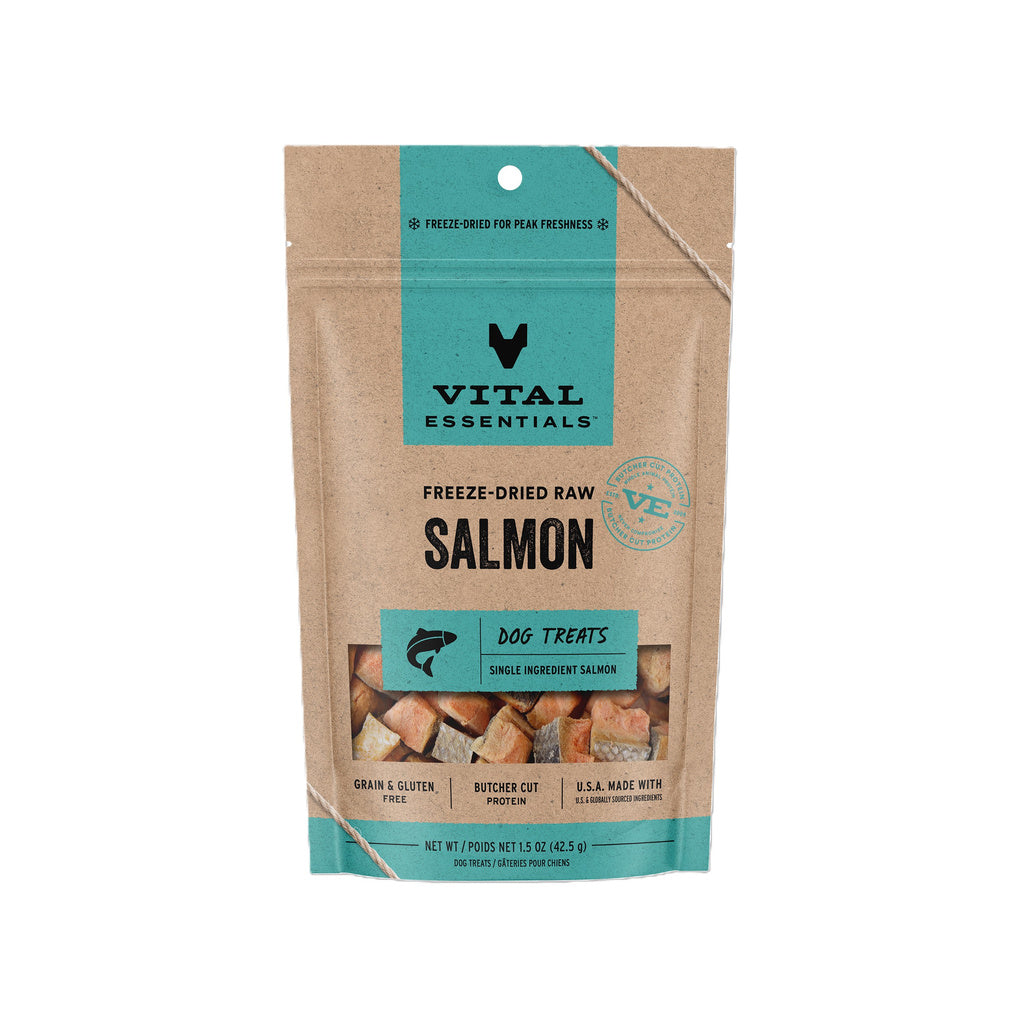 Vital Essentials freeze-dried diced salmon dog treats, 1.5 oz bag with teal label and clear window