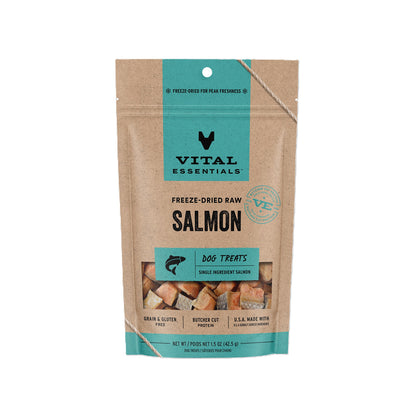 Vital Essentials freeze-dried diced salmon dog treats, 1.5 oz bag with teal label and clear window