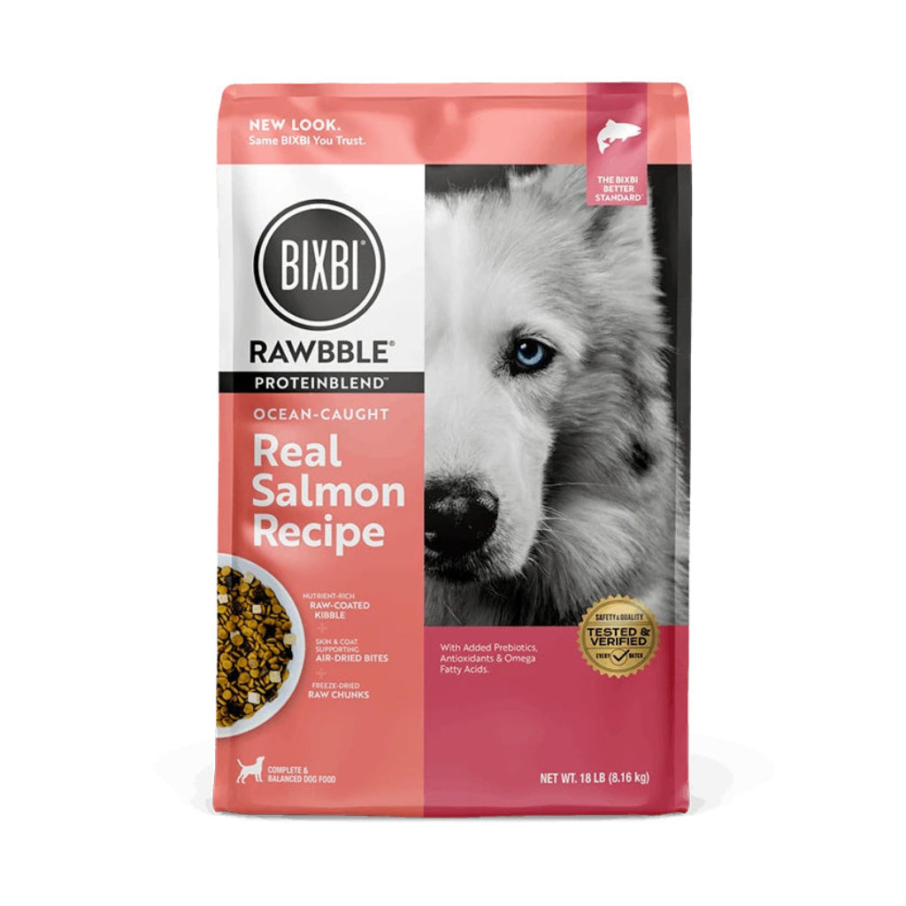BIXBI RAWBBLE ProteinBlend Real Salmon Recipe dry dog food in a pink and white 18 lb bag
