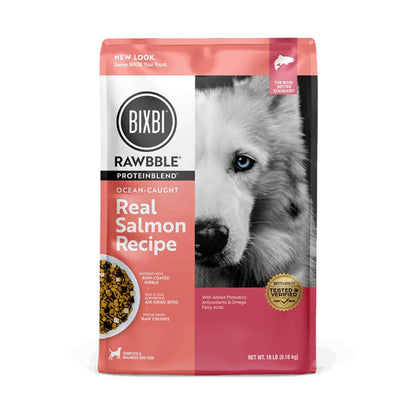 BIXBI RAWBBLE ProteinBlend Real Salmon Recipe dry dog food in a pink and white 18 lb bag