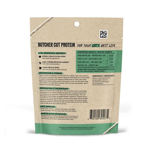 Freeze-dried Salmon Bites for Cats 1.1oz back of bag. 