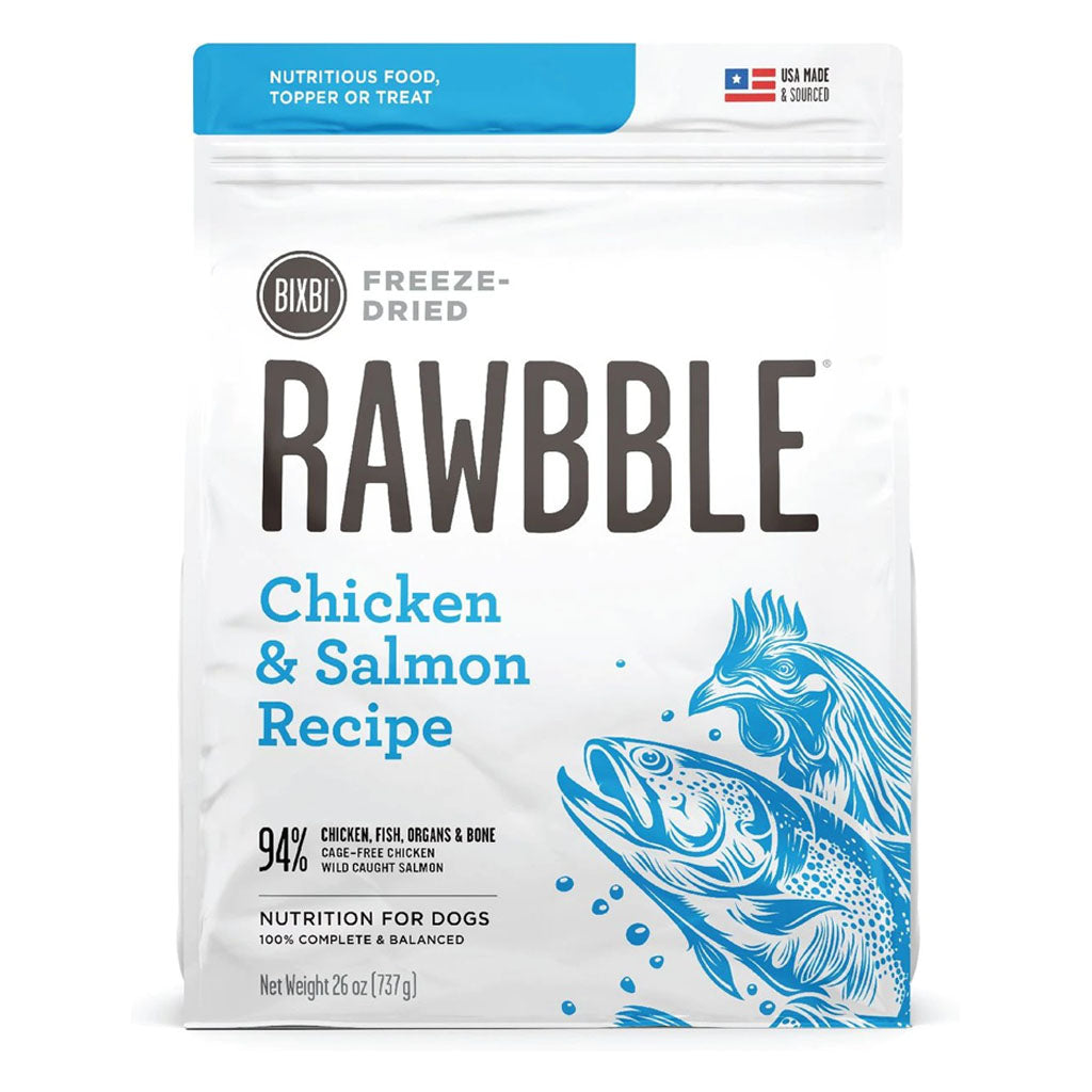 Front of a 26 oz bag of BIXBI RAWBBLE Chicken & Salmon Recipe freeze-dried dog food, with blue lettering and chicken and salmon illustrations.