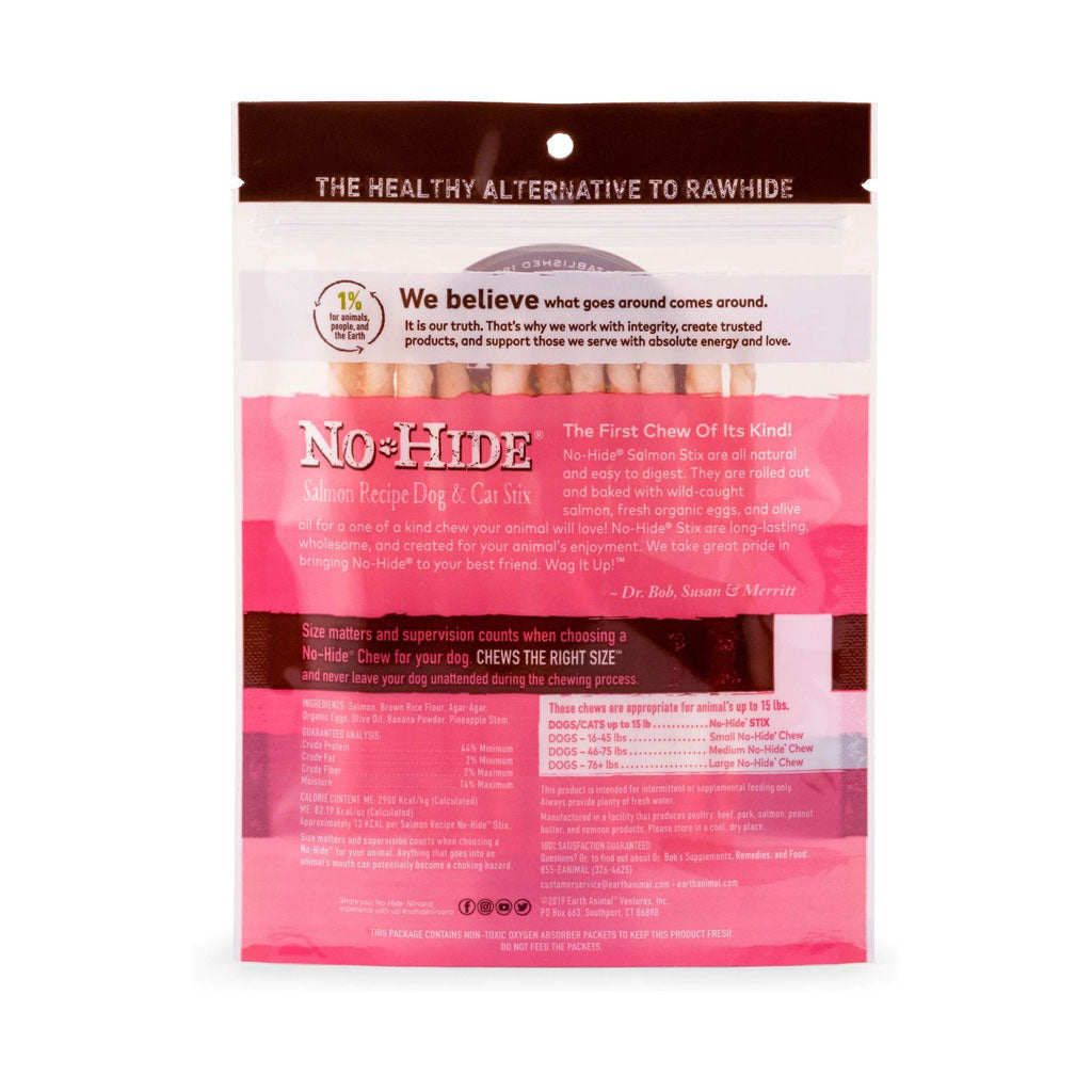 No-hide Salmon Stix 10 pack 1.6oz back of bag