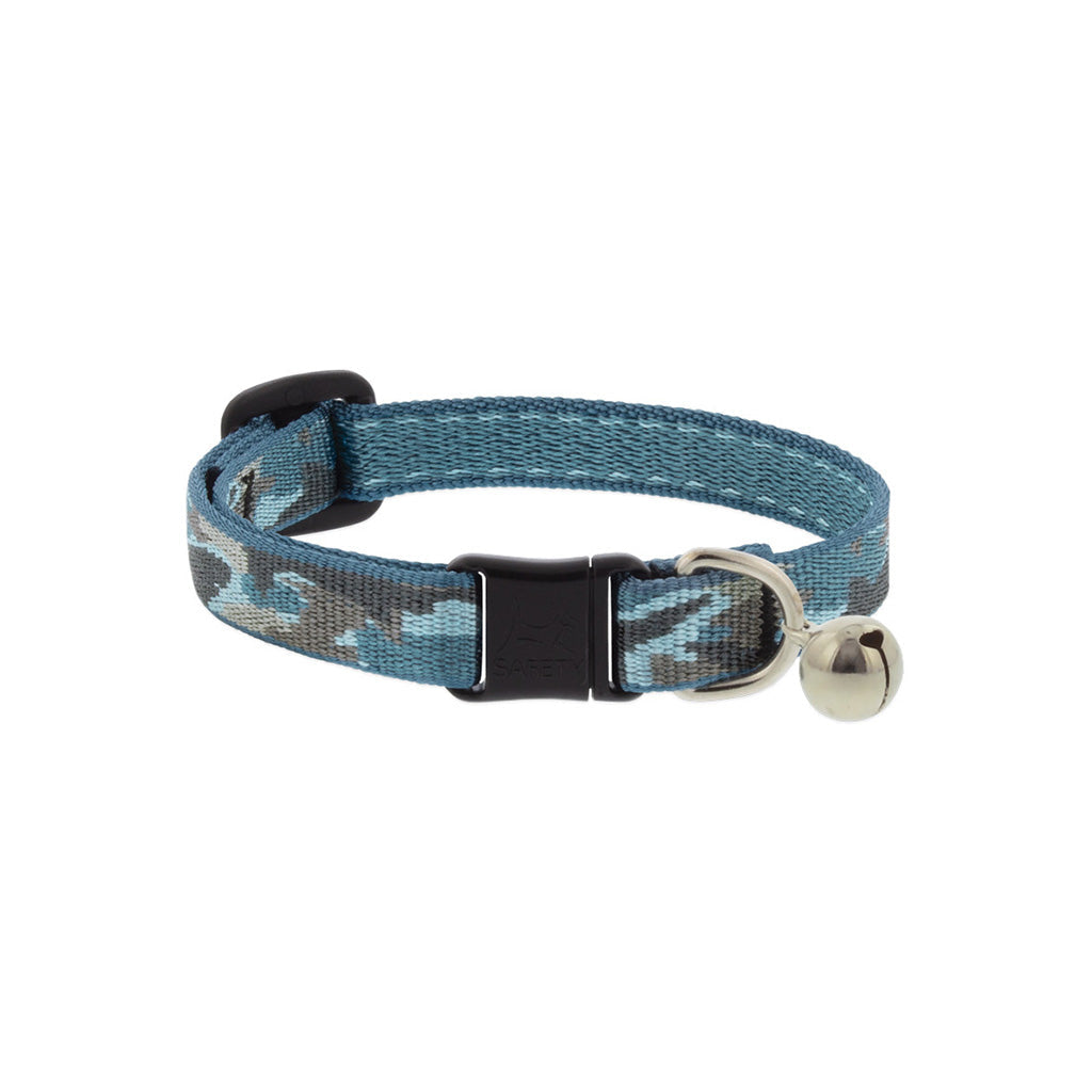Lupine Pet Sand Shark breakaway cat collar with a blue and gray shark pattern, black safety buckle, and silver bell.