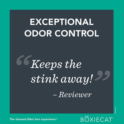 Boxiecat odor-control graphic with a reviewer testimonial saying the litter keeps unpleasant smells away.