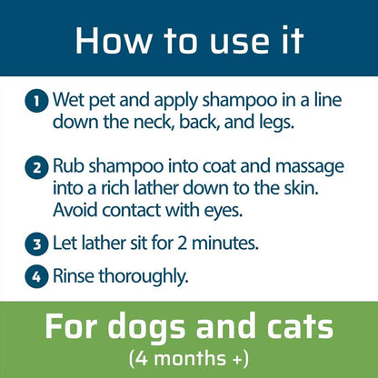 Apply shampoo in a line down the neck back and legs. Rub shampoo into coat and massage down to the skin. Let lather sit for 2 minutes. 