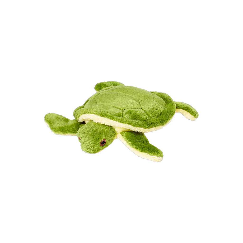 Fluff & Tuff Shelly Turtle plush dog toy with a green shell and flippers and a cream underside on a white background.