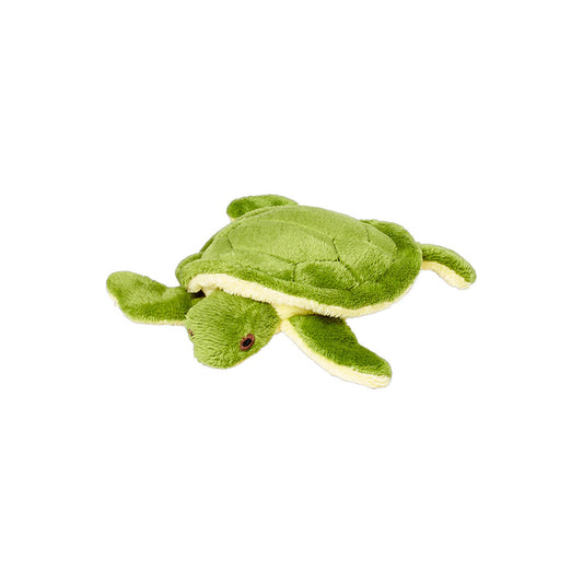 Fluff & Tuff Shelly Turtle plush dog toy with a green shell and flippers and a cream underside on a white background.
