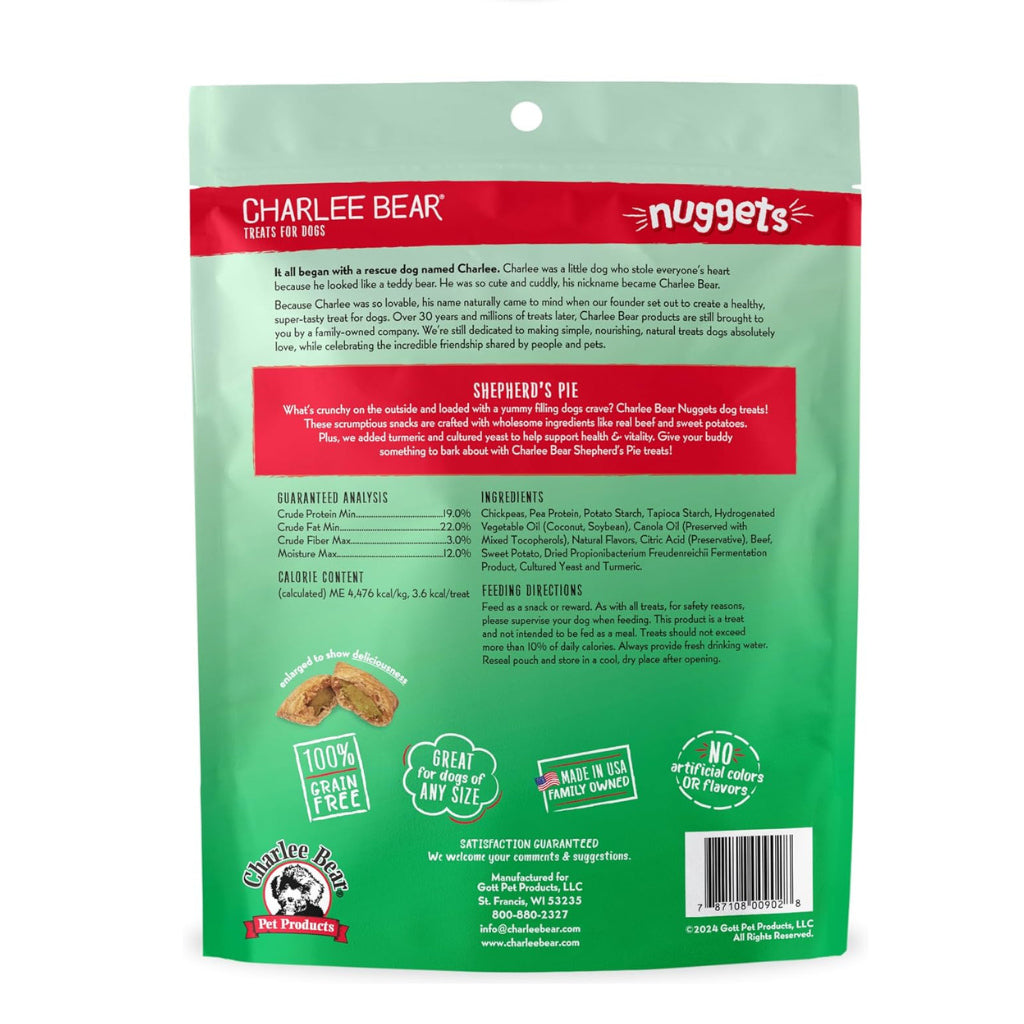 Back of Charlee Bear Nuggets Shepherd’s Pie 6 oz bag with ingredients, guaranteed analysis, calories and feeding directions.