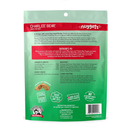 Back of Charlee Bear Nuggets Shepherd’s Pie 6 oz bag with ingredients, guaranteed analysis, calories and feeding directions.