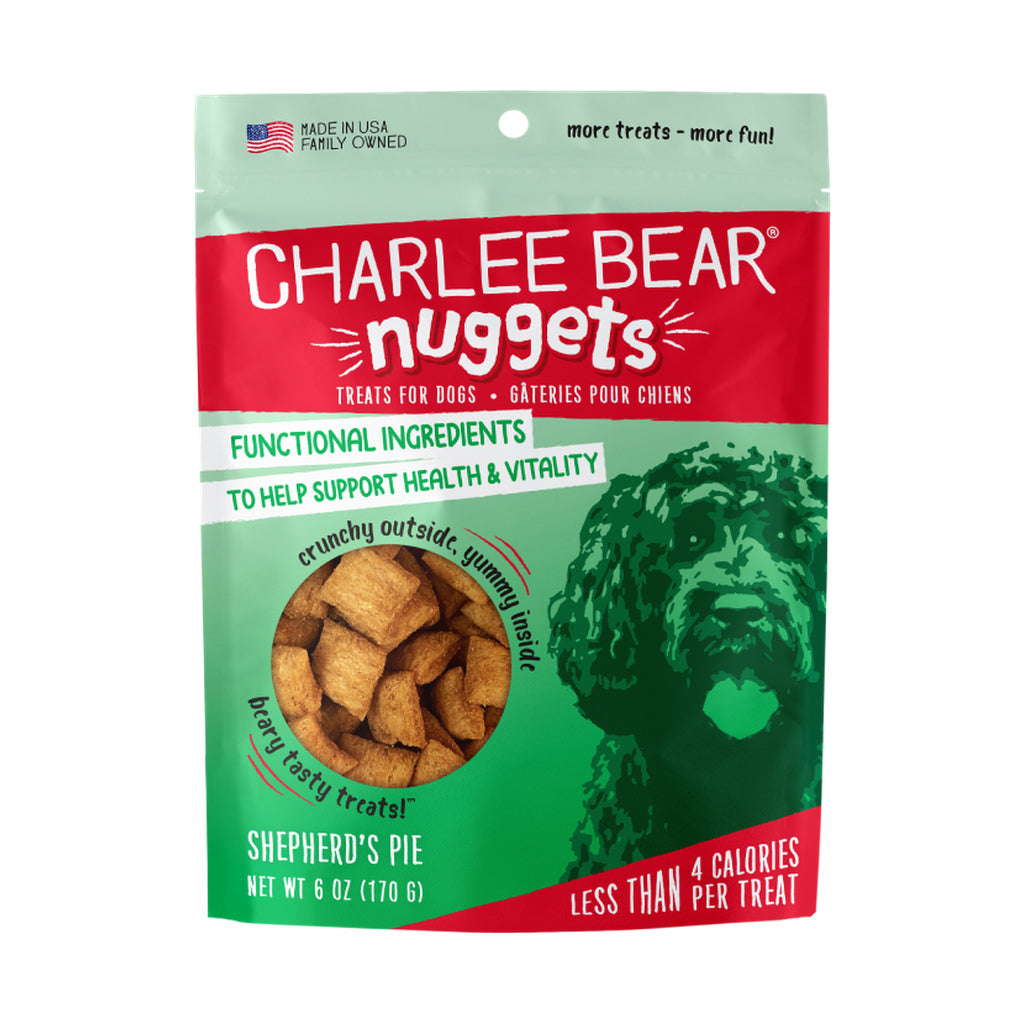 Charlee Bear Nuggets Shepherd’s Pie dog treats, 6 oz bag, front packaging.