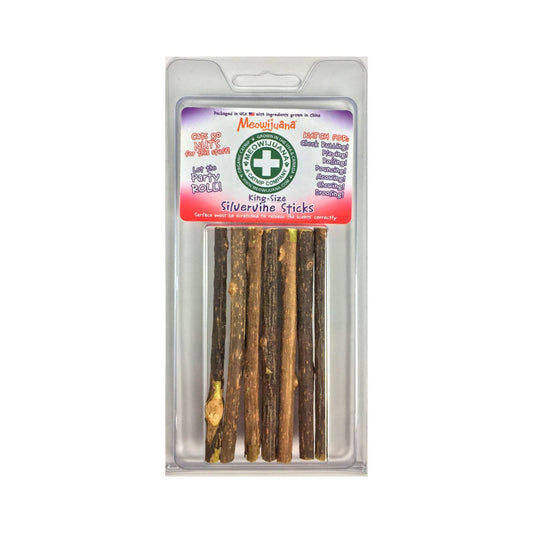 Clear package of Meowijuana King Sized Silvervine Cat Sticks showing six natural wood sticks beneath a pink and purple label.