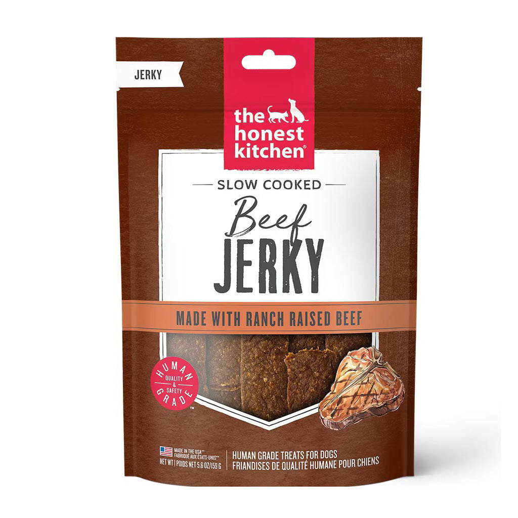 The Honest Kitchen Slow-cooked Beef Jerky 6-ounce bag. Made with ranch-raised beef